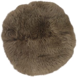Round sheepskin rug in a Taupe colour, featuring a soft, curly texture and natural wool finish.