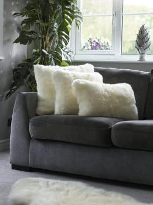 Grey sofa with soft ivory faux fur cushions in a modern living room, styled with a tall green plant and natural light from a window.